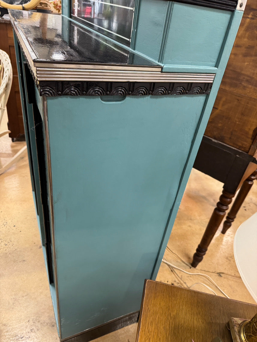 VINTAGE Turquoise & Black Painted Wood Art Deco Dental Detail Cabinet