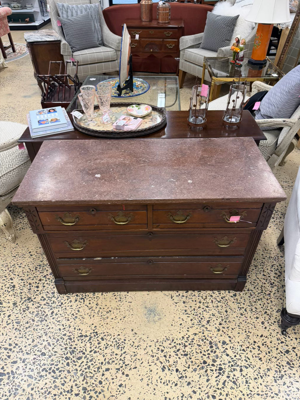 Victorian Wood 3 Drawer Chest w/ Pink Marble Top