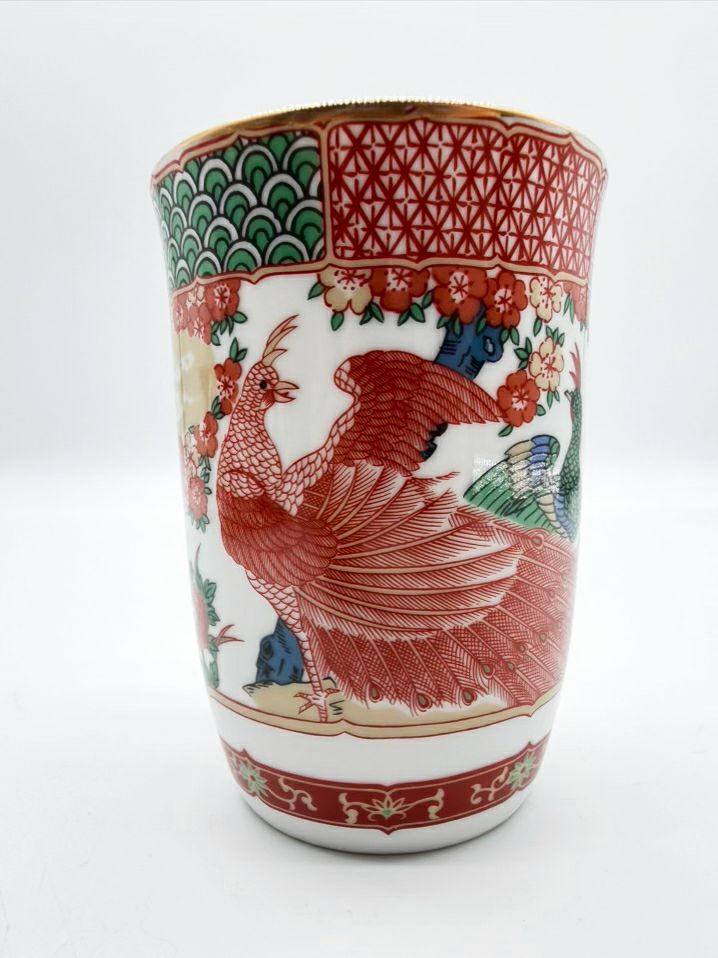GUMPS Rust, White & Green Porcelain Set Of 12 Peacock Mugs