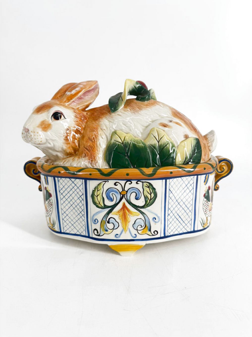 FITZ AND FLOYD RICAMO White, Yellow & Blue Rabbit Figural Soup Tureen w/ Ladle