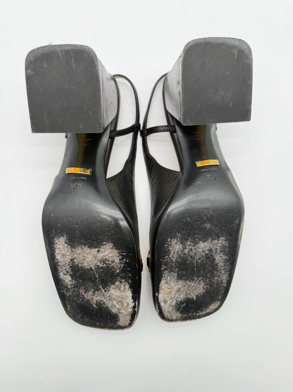 GUCCI WMNS Size 36.5 Black Leather Horsebit Accent Slingback Block Heel