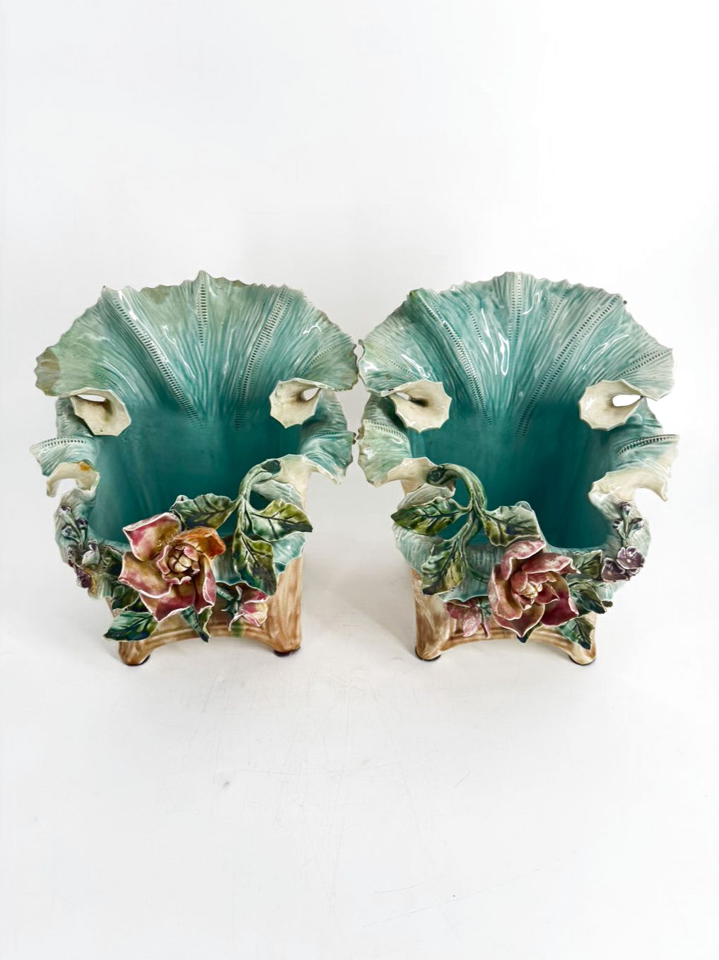 ENGLAND Aqua & Tan Majolica Pair Of Slip Pot Platters