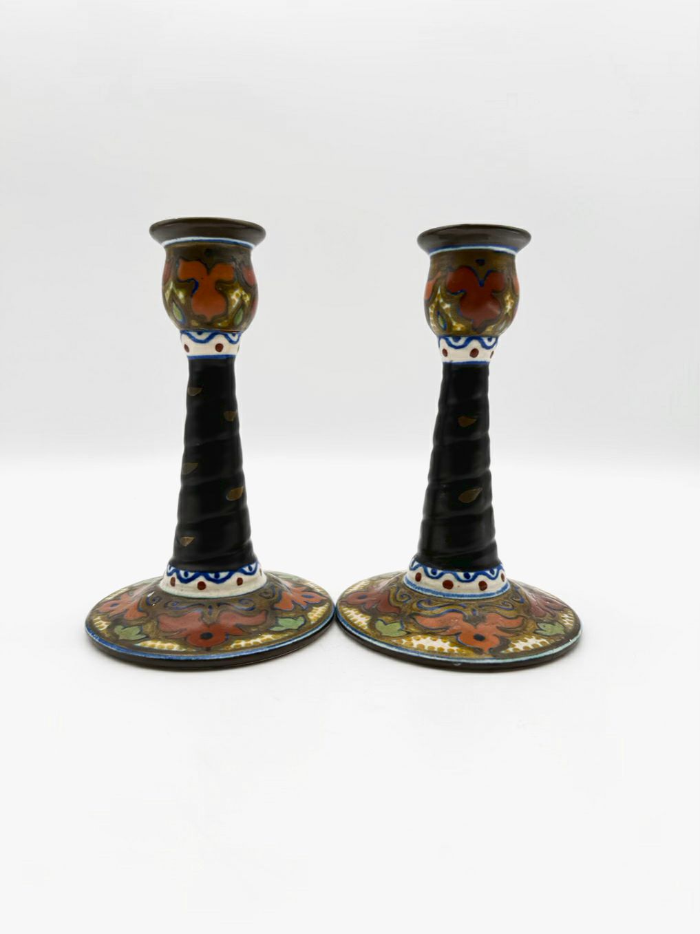ANTIQUE HOLLAND Gouda Brown, Blue & Orange Pottery Pair Of Candleholders