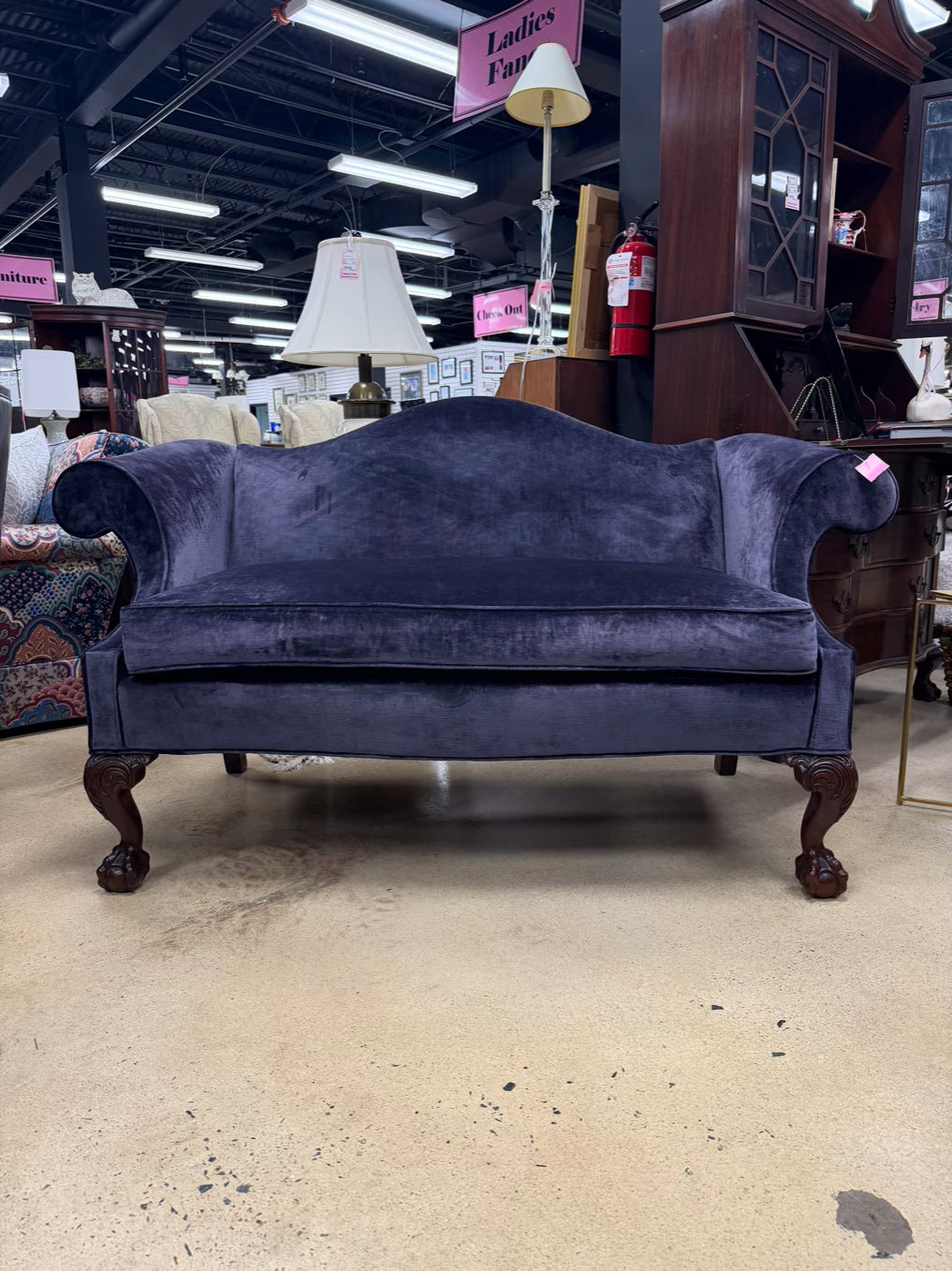 VINTAGE Wood Ball & Claw Love Seat w/ Purple Velveteen Fabric