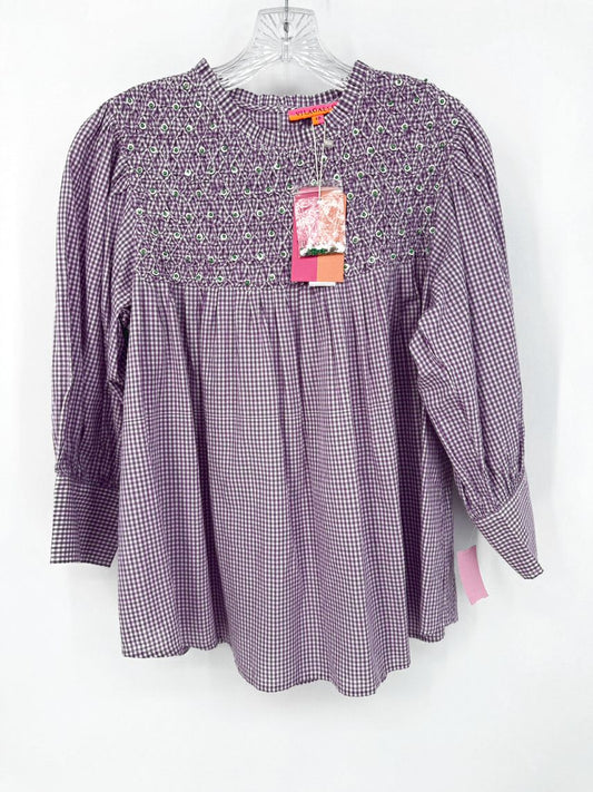 VILAGALLO Size 40 Purple & White Check Beaded Detail Katie Top NWT