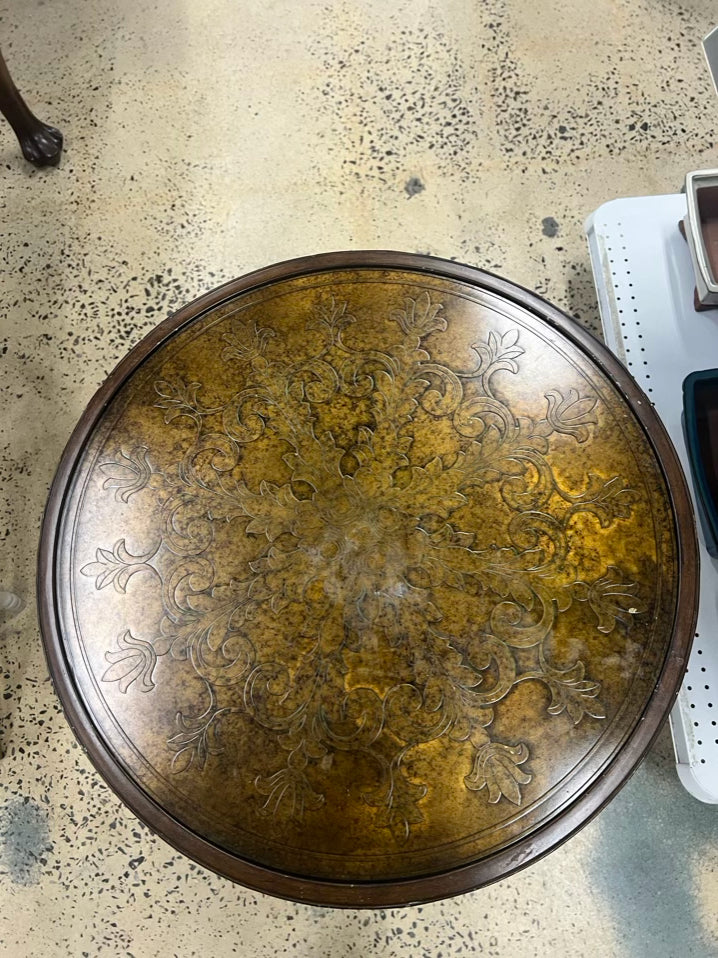Brown Metal Occasional Table w/ Embossed Design on Table Top