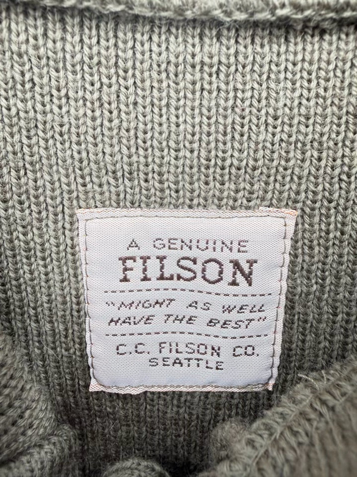 VINTAGE FILSON Men's Size XL Army Green Wool Suede Detail Henley Guide Sweater
