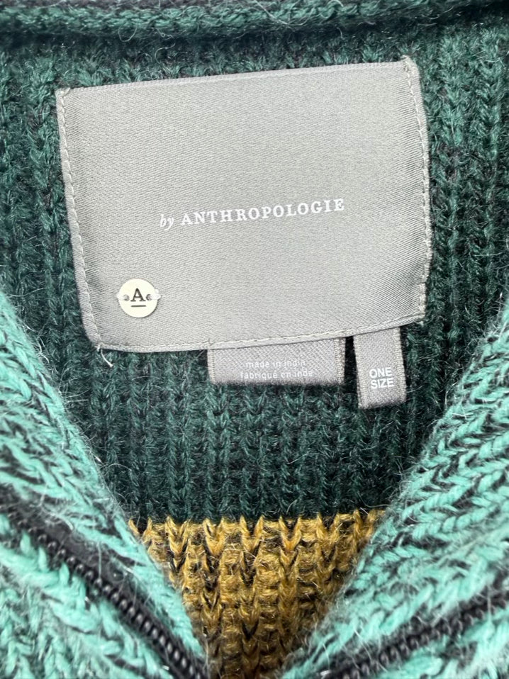 ANTHROPOLOGIE Size O/S Teal & Green Knit Quarter Zip Poncho