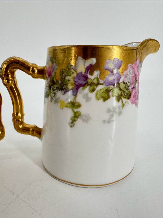 LIMOGES Pink, Purple & Gold Floral Porcelain Cream & Sugar