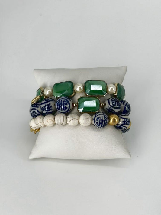 SUSAN SHAW Blue, Green, & White Set of 3 Beaded Bracelets
