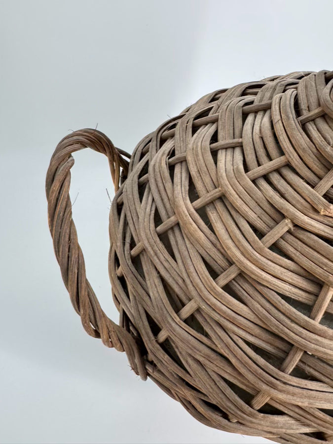 VINTAGE Brown & Green Wicker & Glass Wine Bottle Woven Carrier