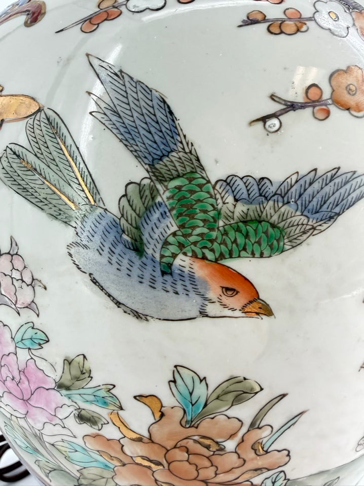 Blue, White & Rust Oriental Porcelain Birds Lamp No Shade