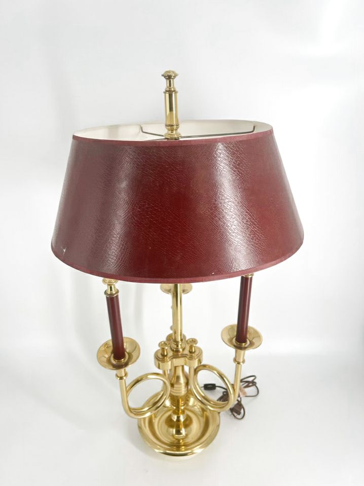 Brass Bouillotte French Horns Lamp w/ Red Shade