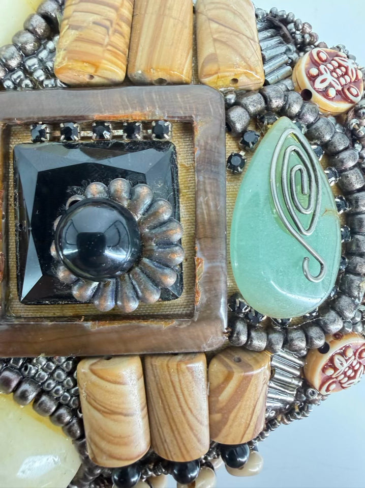 MARY FRANCES Beaded Tan, Brown & Teal Carmel Macchiato Gemstone Purse NWT