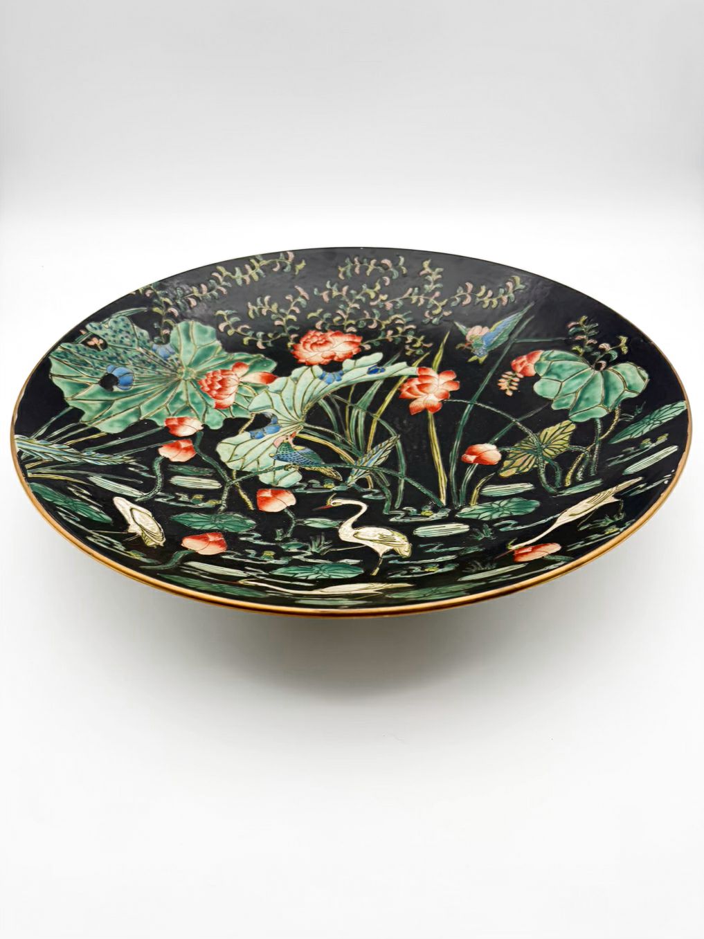 CHINOISENE Porcelain Green & Black Large Shallow Bowl w/ Lotus Pond Scene