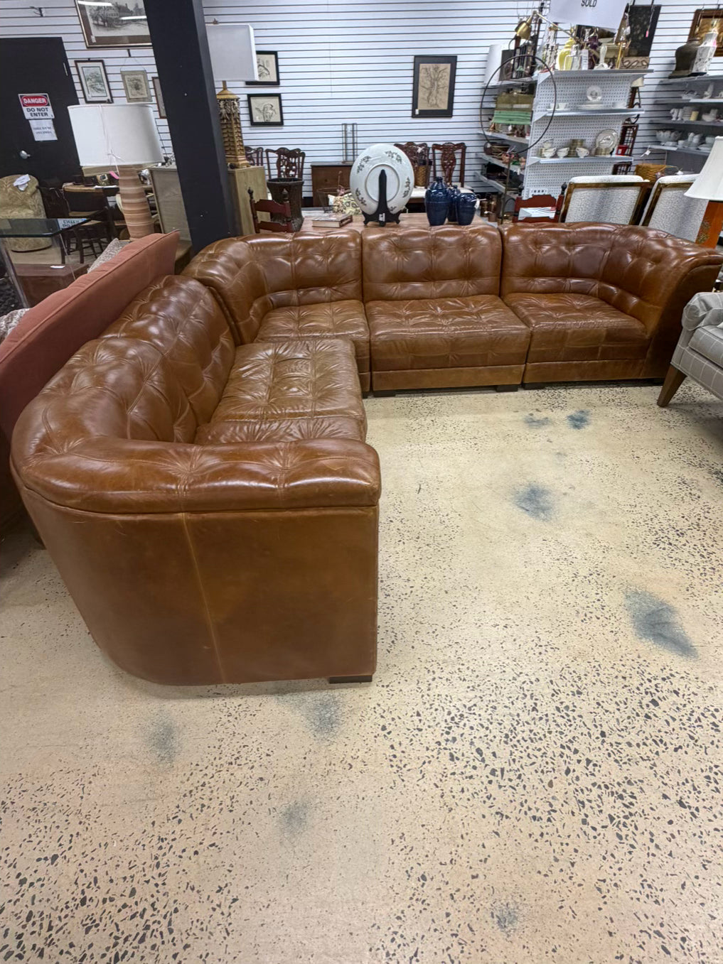 POTTERY BARN Brown Leather 5 Piece Sectional Sofa