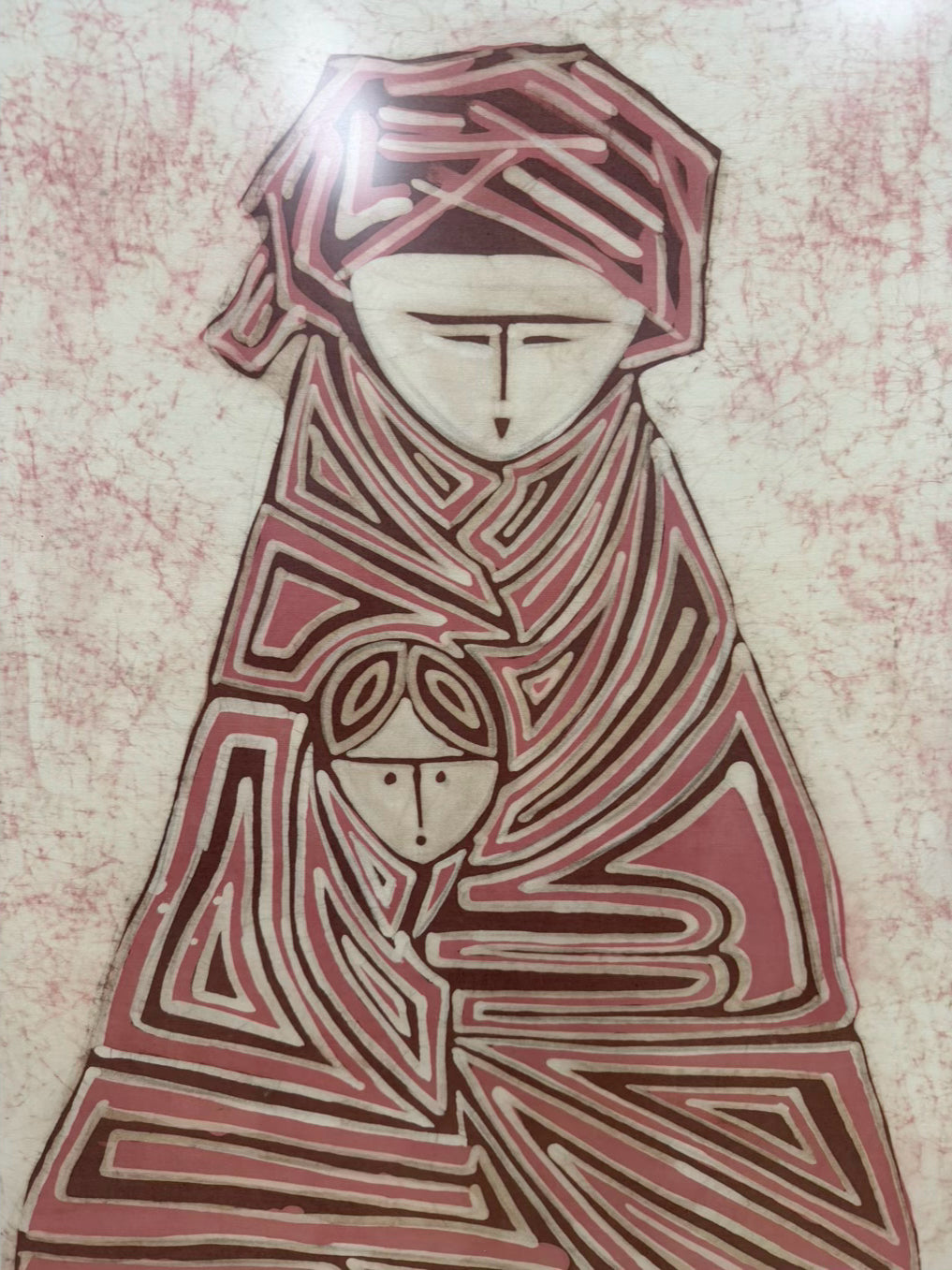 Woman & Child Batik Fabric Art In Dark Silver Frame