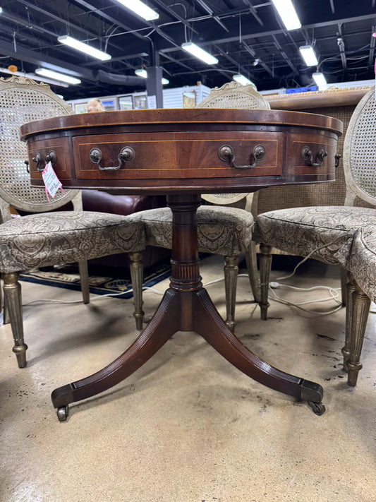 VINTAGE Wood Leather Top Round Occasional Table