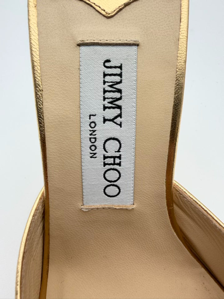 JIMMY CHOO WMNS Size 37.5 Almer Metallic Gold Woven Leather Wedge Sandals