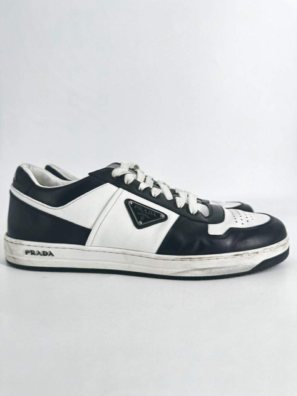 PRADA Size 11 Black & White Leather Downtown Sneakers