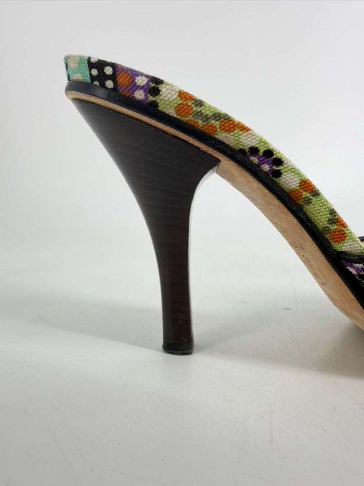 JIMMY CHOO Size 38 Purple & Green Canvas Print Heels