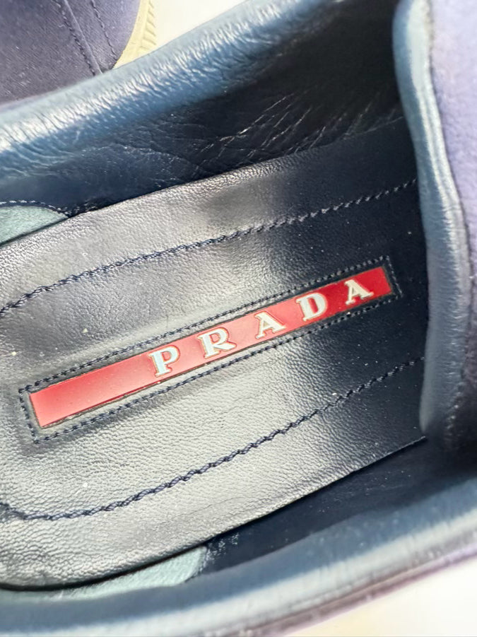 PRADA Size 38 Navy Satin Sneakers
