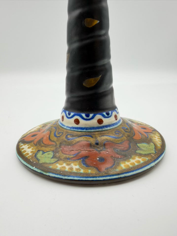 ANTIQUE HOLLAND Gouda Brown, Blue & Orange Pottery Pair Of Candleholders