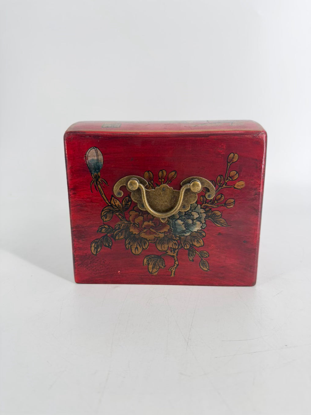 Red, Gold & Black Wood Hand painted Oriental Jewelry Box w/ Mirror