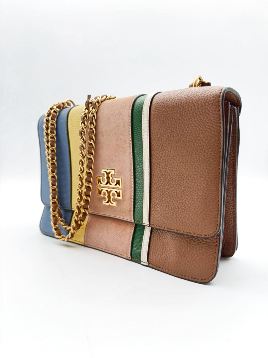 TORY BURCH Brown, Blue & Yellow Britten Stripe Leather Purse