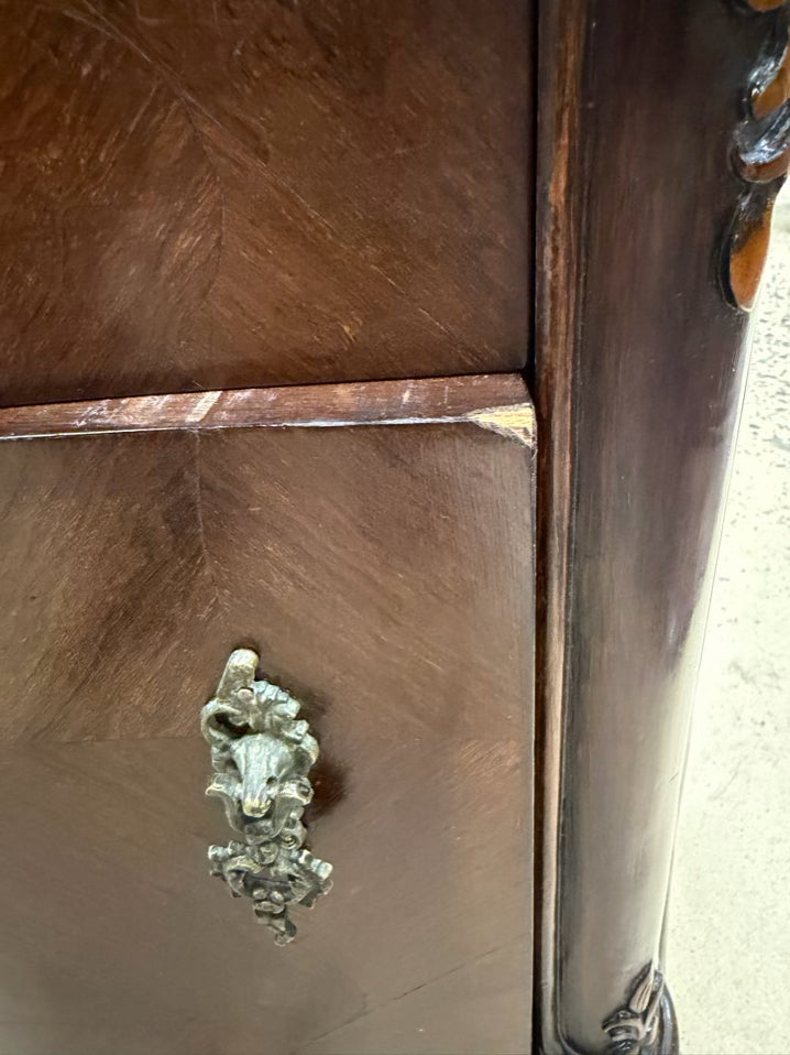 FRENCH White & Brown Commode Marble & Wood Nightstand w/ Drawer