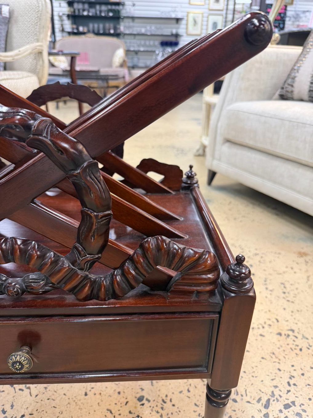 ENGLISH Dark Mahogany Canterbury Rack Magazine Stand w/ Bottom Drawer