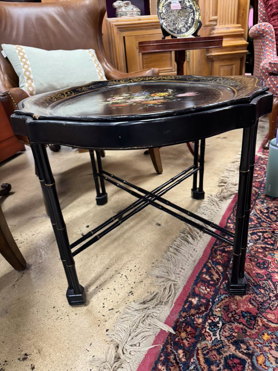 VINTAGE Wood Painted Black Flowers Coffee Table w/ Removable Tray