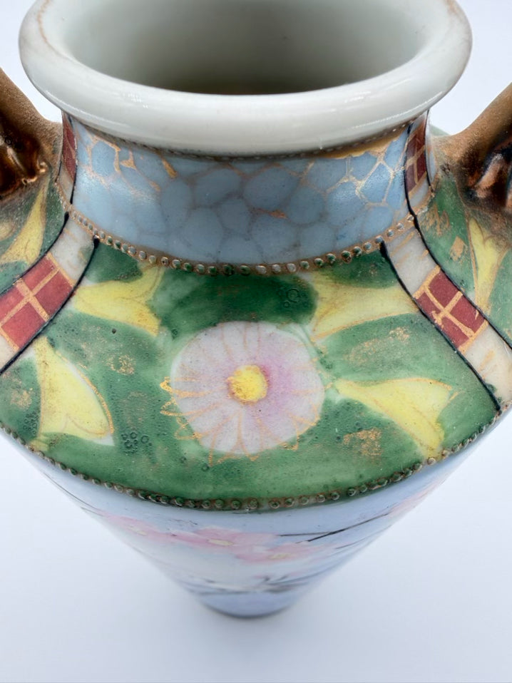 NIPPON Blue, Pink & Green Porcelain Bird Vase w/ Handles