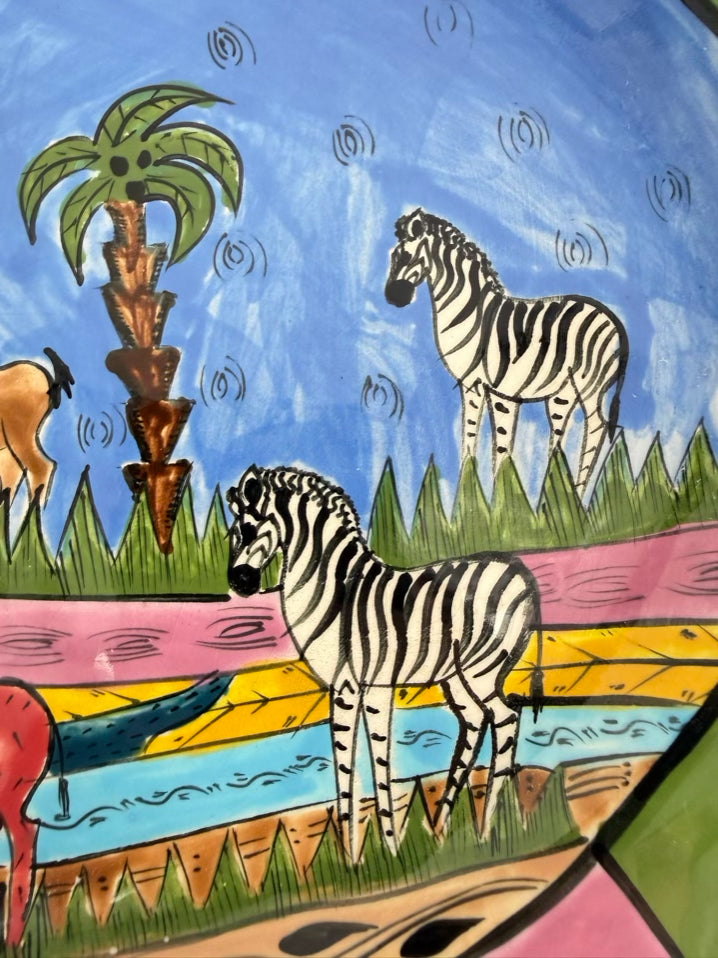 ZIMBABWE Multi Colored Hand Painted Jungle Animals Ceramic Platter