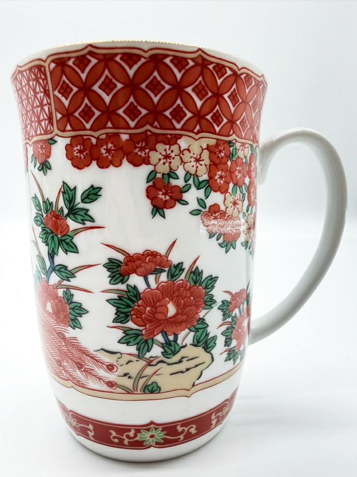 GUMPS Rust, White & Green Porcelain Set Of 12 Peacock Mugs