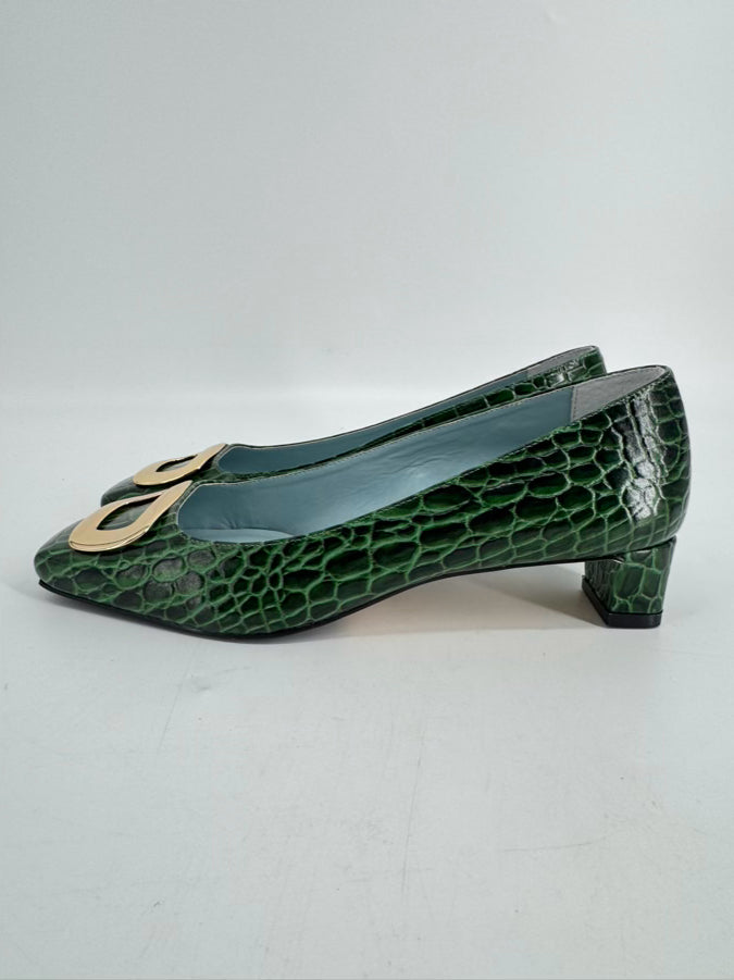 FRANCES VALENTINE Size 7.5 Green Embossed Leather Kitten Heels