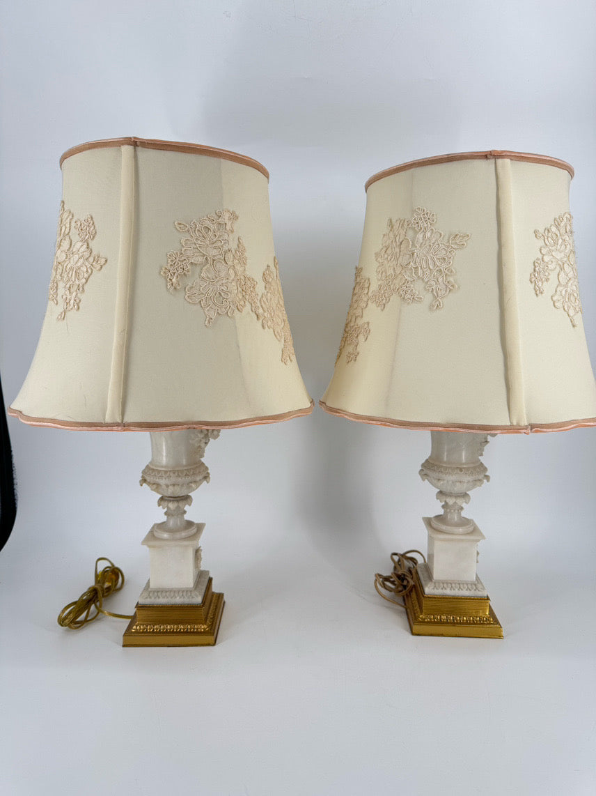 White Carved Alabaster w/ Brass Trim & Lace Embroidered Shade Pair of Lamps