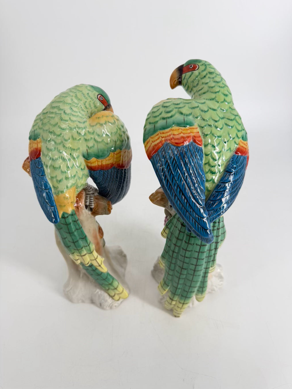 JEANNE REED Green , Pink & Blue Porcelain Pair Of Parrot Figurines