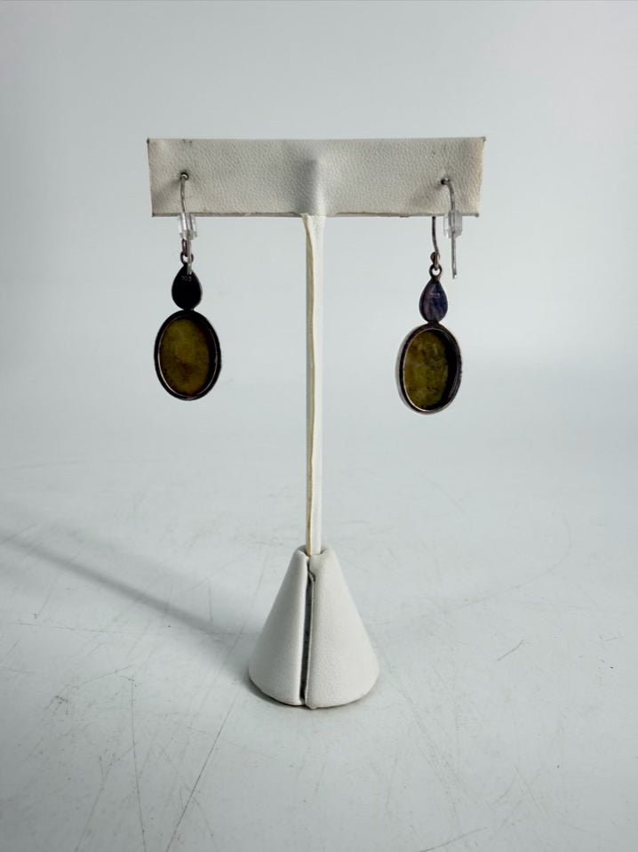 STERLING SILVER Green Apple Turquoise Oval Dangle Earrings