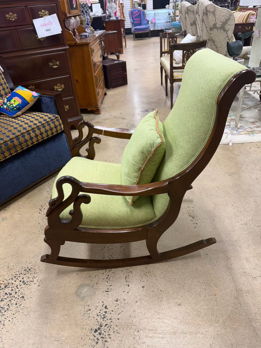 VINTAGE Wood Gooseneck Rocking Chair w/ Green Fabric & Pillow