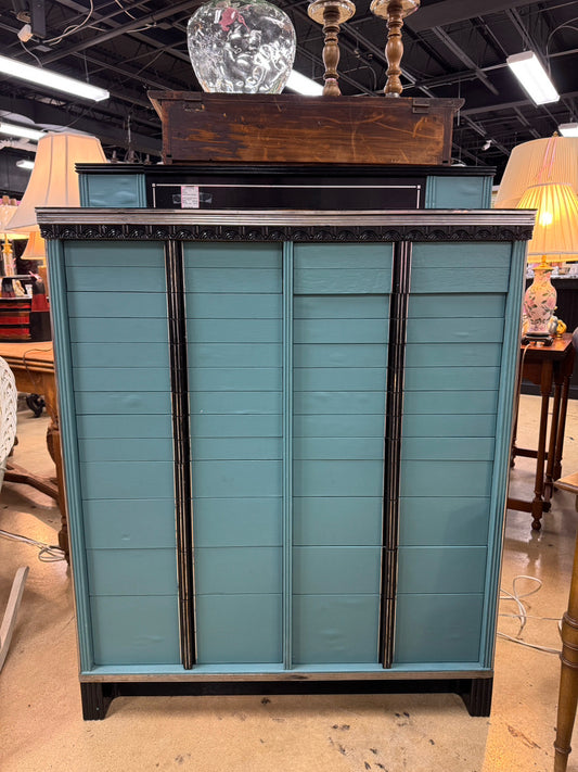 VINTAGE Turquoise & Black Painted Wood Art Deco Dental Detail Cabinet