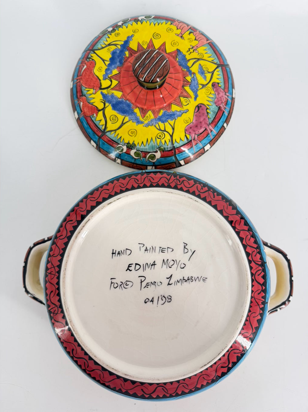 ZIMBABWE Multi Colored Hand Painted Jungle Animals Ceramic Casserole Dish