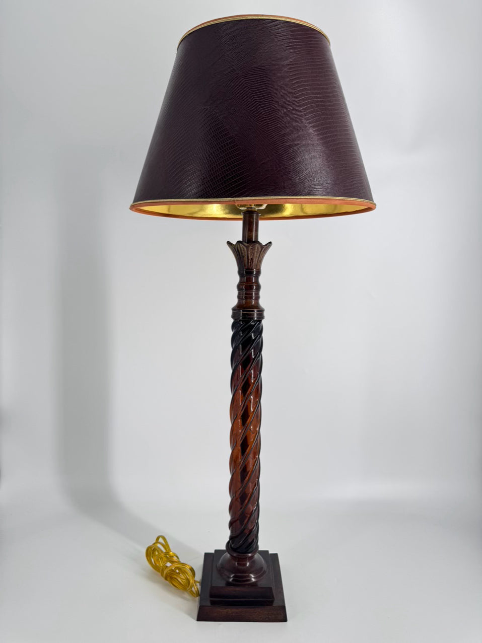 VINTAGE THE BRADBURY GALLERY Amber Glass Lamp w/ Leather Look Shade