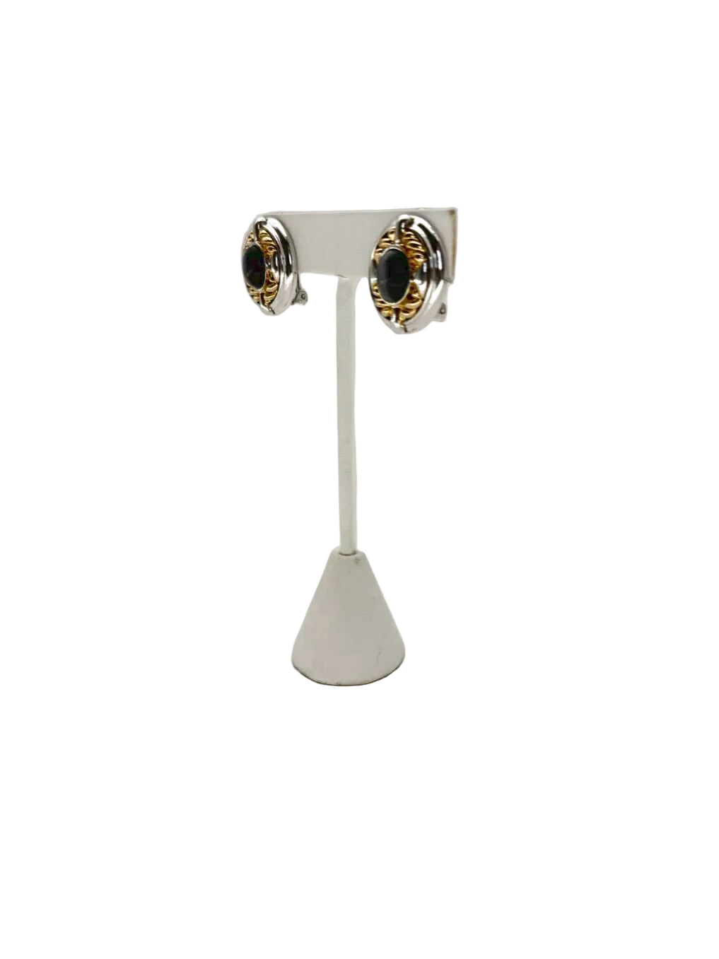 ST. JOHN Silver & Gold Tone Clip On Earrings w/ Black Gemstone
