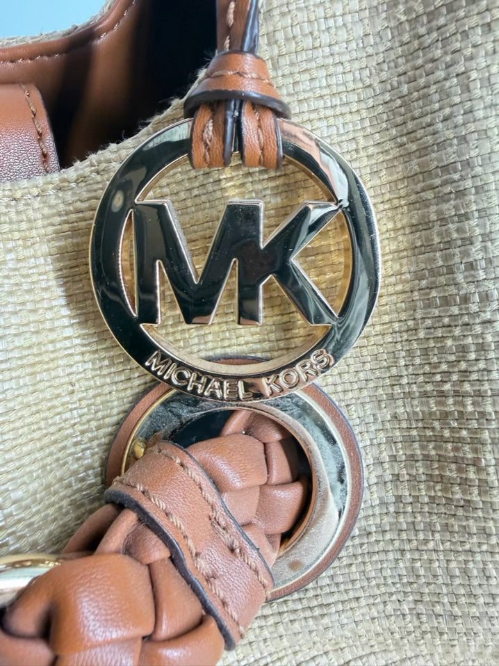 MICHAEL KORS Leather Natural Straw Woven Purse