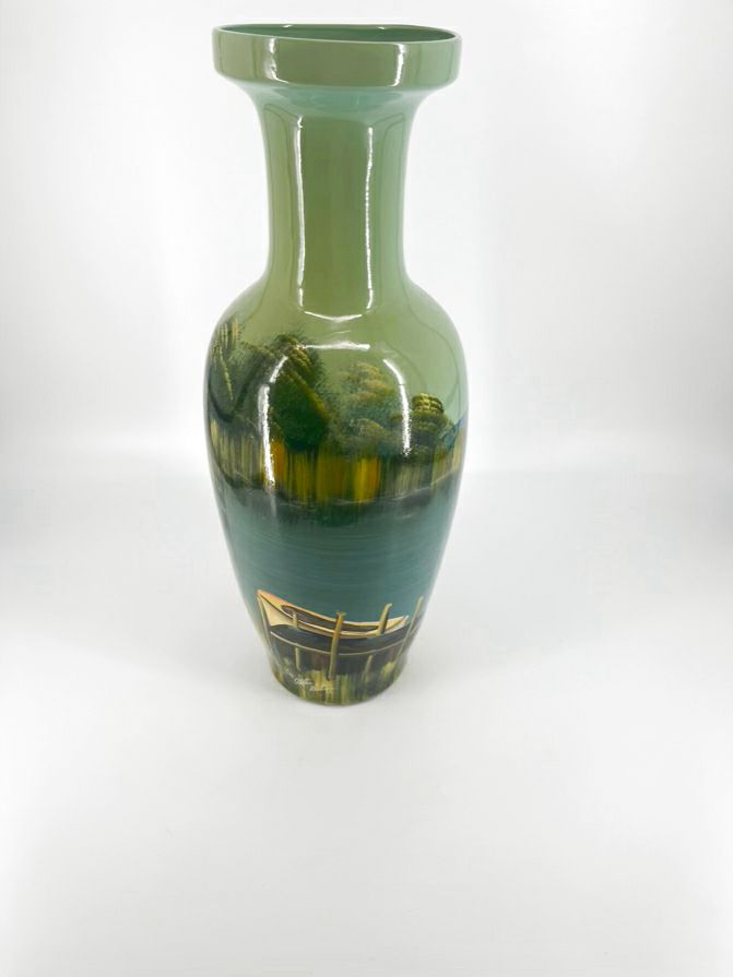 ABBY GELINA Green & Yellow Painted Boat Scene Vase