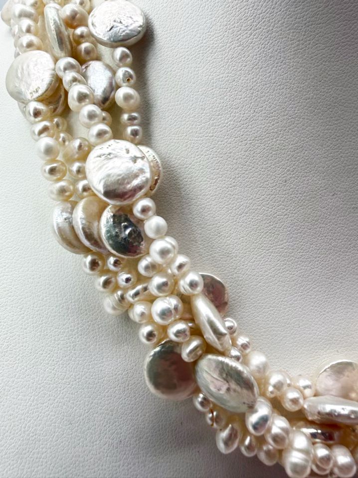 Iridescent Pearl Multi-Strands Necklace w/ 925 Clasp