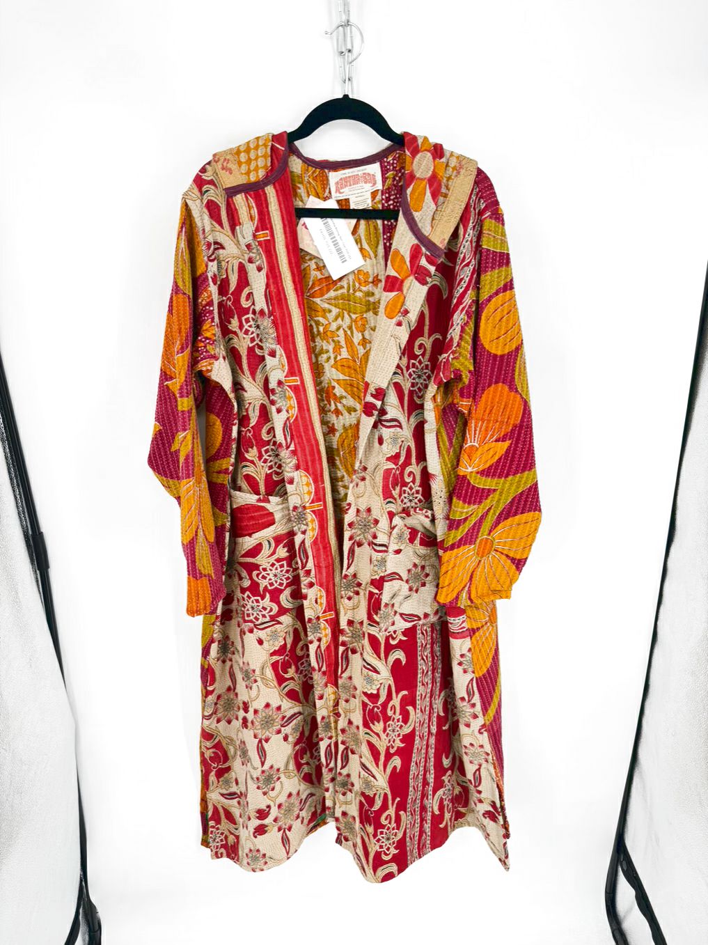 KANTHA BAE Size Wmn's Free Size Red/Beige Hooded Open Front Floral Coat