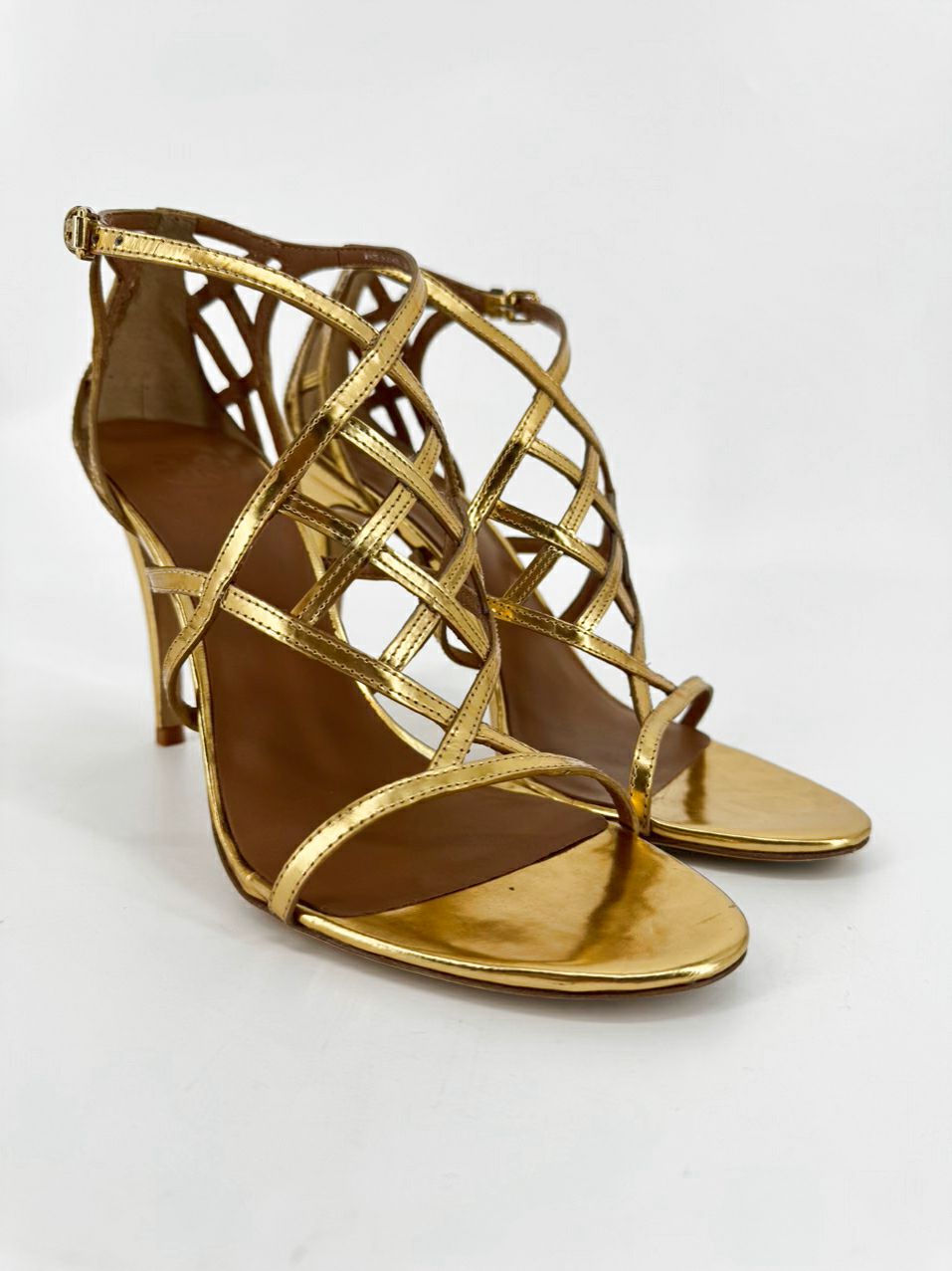 TORY BURCH Size 10 Gold Amalie Metallic Cage Heels