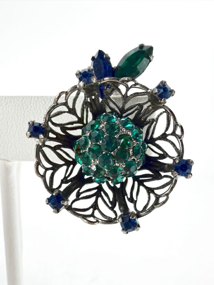 VENDOME Green & Black Mesh Wire Flower Brooch & Earring Set